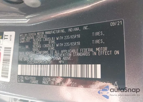 2021 Toyota Highlander Le z USA, uszkodzony, nr VIN 5TDZZRAH5MS536791